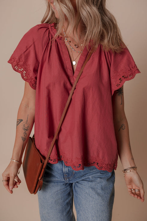 Red Dahlia Floral Embroidered Scallop Trim Short Sleeve V Neck Blouse