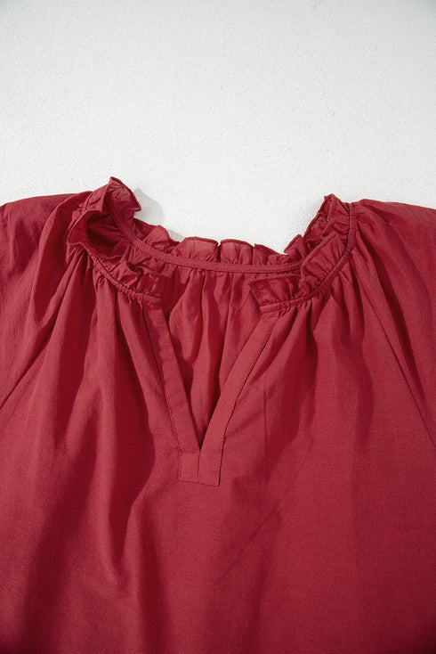 Red Dahlia Floral Embroidered Scallop Trim Short Sleeve V Neck Blouse