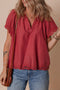 Red Dahlia Floral Embroidered Scallop Trim Short Sleeve V Neck Blouse