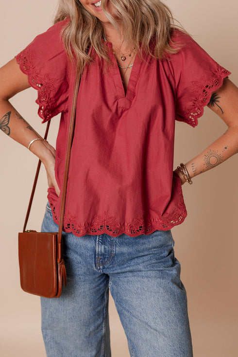 Red Dahlia Floral Embroidered Scallop Trim Short Sleeve V Neck Blouse