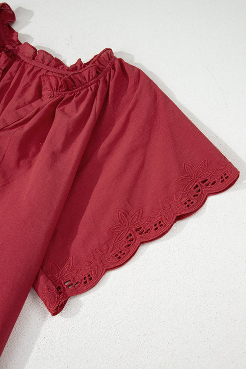 Red Dahlia Floral Embroidered Scallop Trim Short Sleeve V Neck Blouse