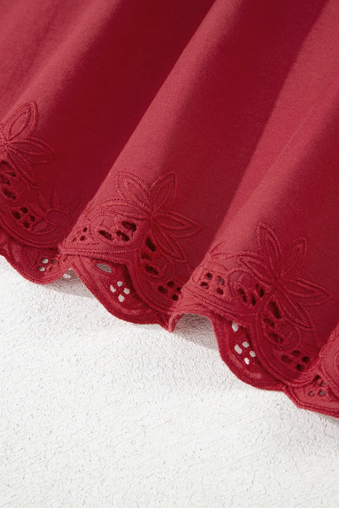 Red Dahlia Floral Embroidered Scallop Trim Short Sleeve V Neck Blouse