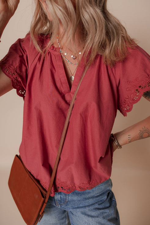 Red Dahlia Floral Embroidered Scallop Trim Short Sleeve V Neck Blouse