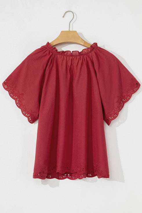 Red Dahlia Floral Embroidered Scallop Trim Short Sleeve V Neck Blouse