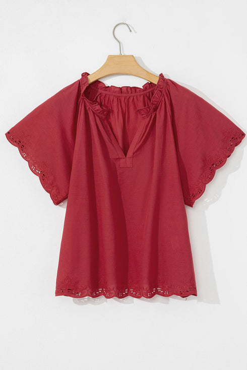 Red Dahlia Floral Embroidered Scallop Trim Short Sleeve V Neck Blouse