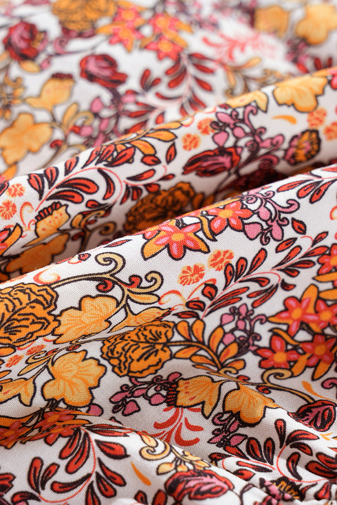 Red Floral Print Knot V Neck Ruffled Sleeve Blouse