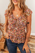 Red Floral Print Knot V Neck Ruffled Sleeve Blouse