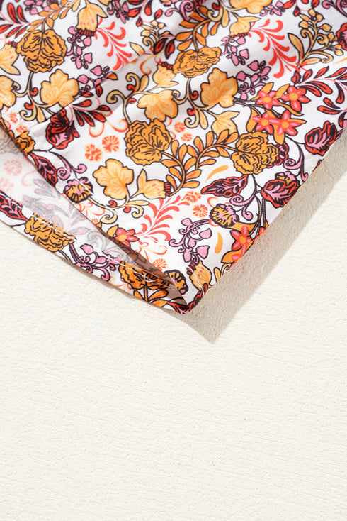 Red Floral Print Knot V Neck Ruffled Sleeve Blouse