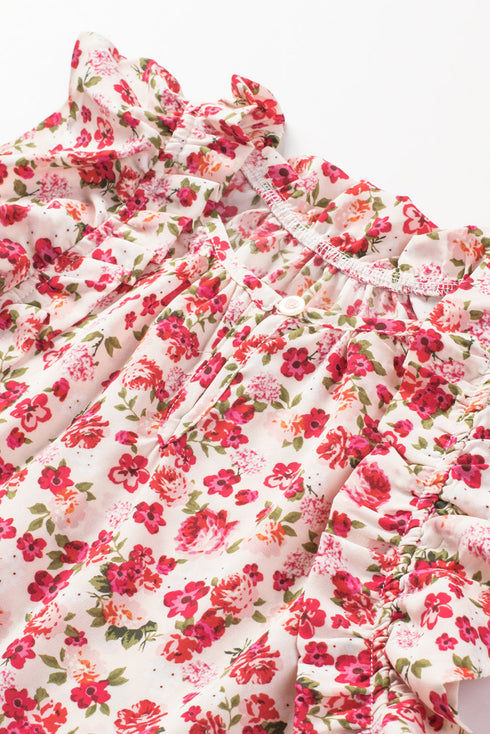 Red Floral Print Ruffled Mock Neck Sleeveless Top