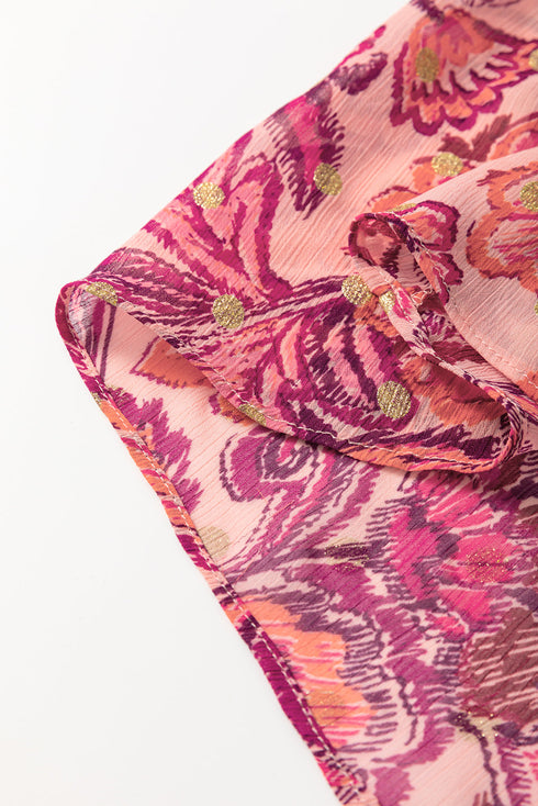 Red Floral Print Ruffled Puff Short Sleeve Blouse