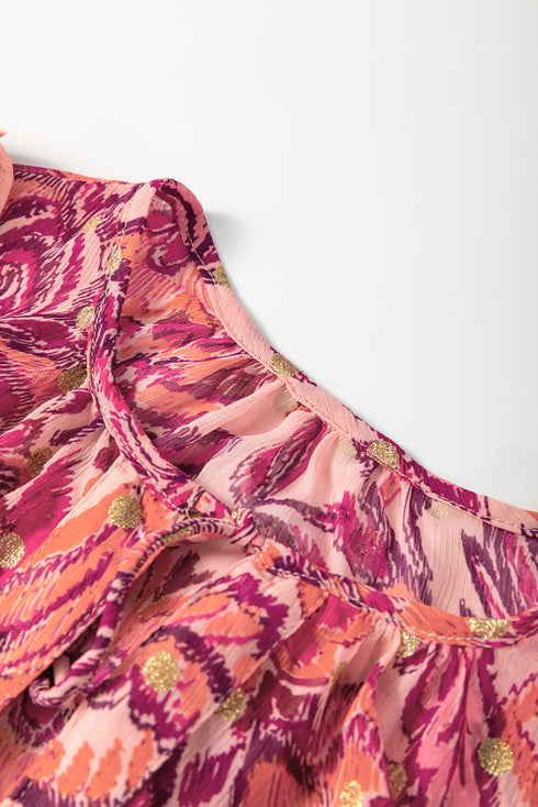 Red Floral Print Ruffled Puff Short Sleeve Blouse