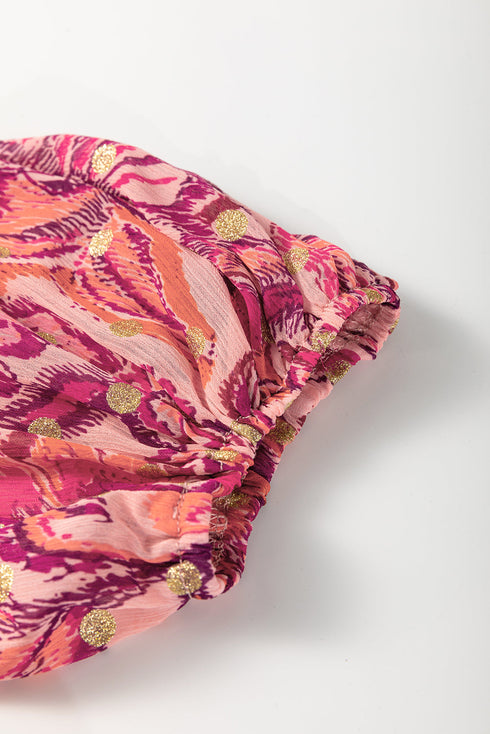 Red Floral Print Ruffled Puff Short Sleeve Blouse