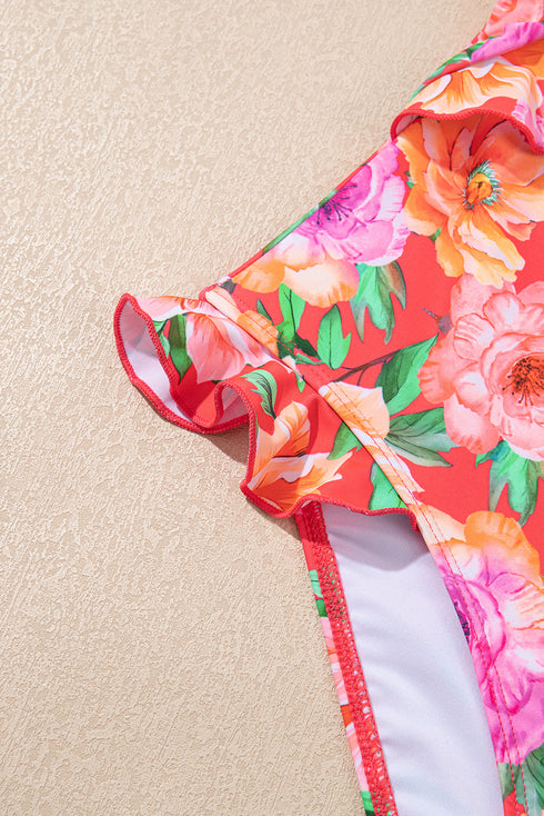Red Floral Ruffle Trim Cutout Knotted One Piece Swimsuit