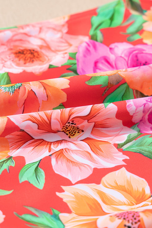 Red Floral Ruffle Trim Cutout Knotted One Piece Swimsuit