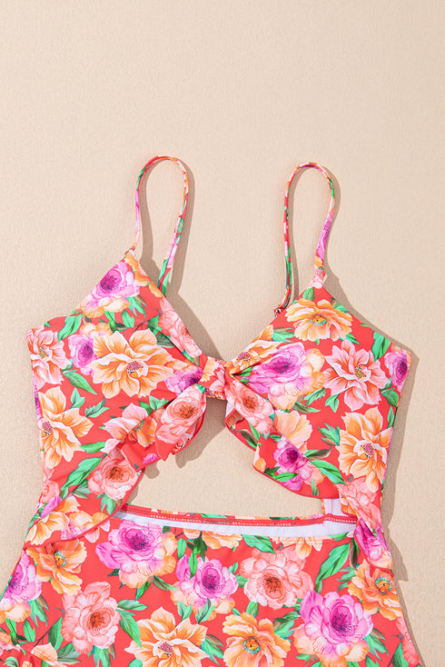 Red Floral Ruffle Trim Cutout Knotted One Piece Swimsuit