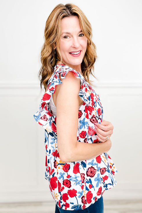 Red Flowers Pintuck Detail V-Neck Ruffled Sleeve Top