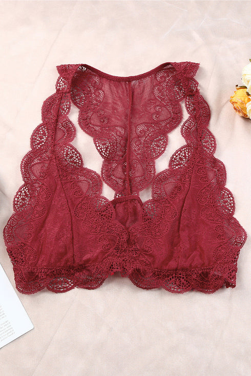Red Halter Scalloped V Neck Lace Bralette