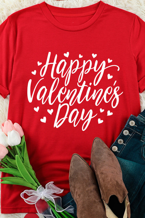 Red Happy Valentine'S Day Heart Print Short Sleeve T Shirt