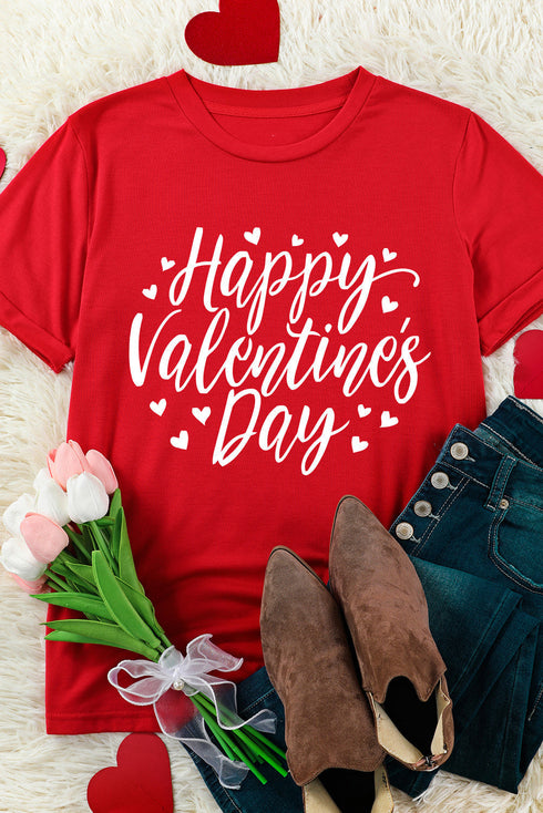 Red Happy Valentine'S Day Heart Print Short Sleeve T Shirt