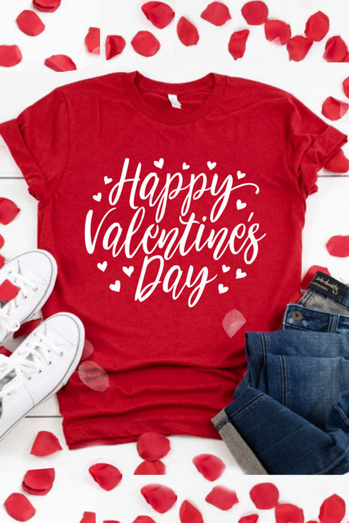 Red Happy Valentine'S Day Heart Print Short Sleeve T Shirt