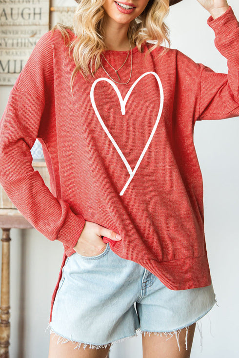 Red Heart Shaped Waffle Knit High Low Long Sleeve Top