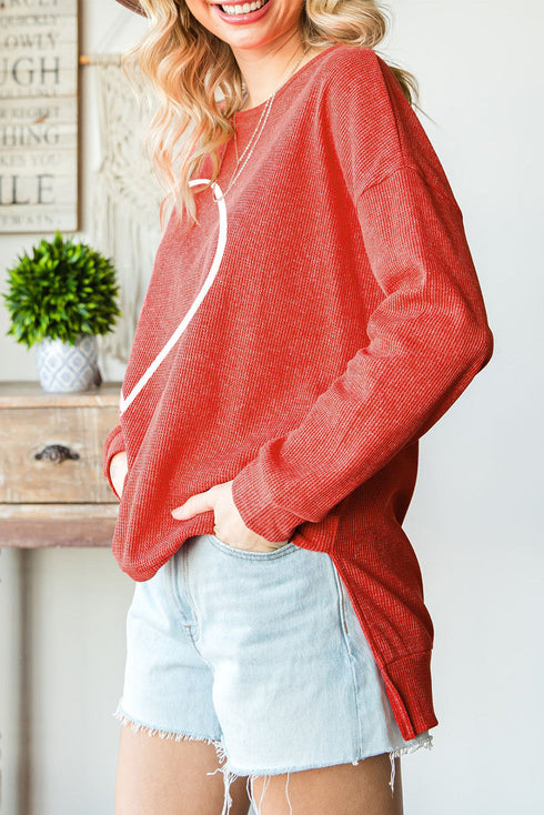 Red Heart Shaped Waffle Knit High Low Long Sleeve Top