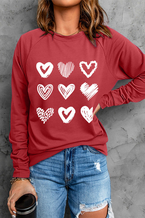 Red Hearts Print Crewneck Long Sleeve Sweatshirt