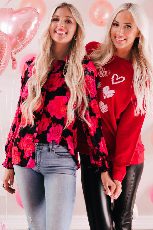 Red Hearts Print Crewneck Long Sleeve Sweatshirt