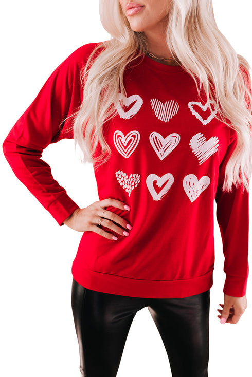 Red Hearts Print Crewneck Long Sleeve Sweatshirt