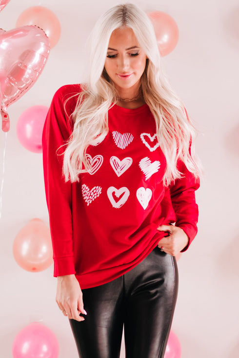 Red Hearts Print Crewneck Long Sleeve Sweatshirt