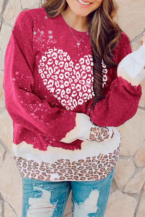 Red Leopard Bleached Heart Graphic Pullover Sweatshirt