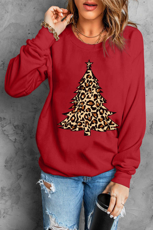 Red Leopard Christmas Tree Graphic Print Crew Neck Sweatshirt