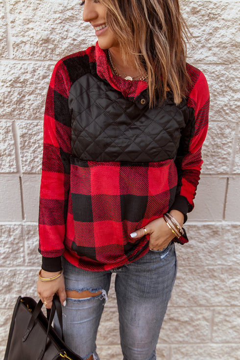 Red Long Sleeve Plaid Paneled Sweatshirt
