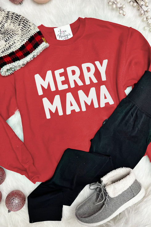 Red Merry Mama Long Sleeve Pullover Sweatshirt