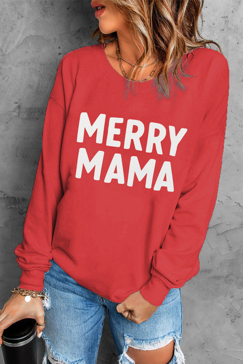 Red Merry Mama Long Sleeve Pullover Sweatshirt