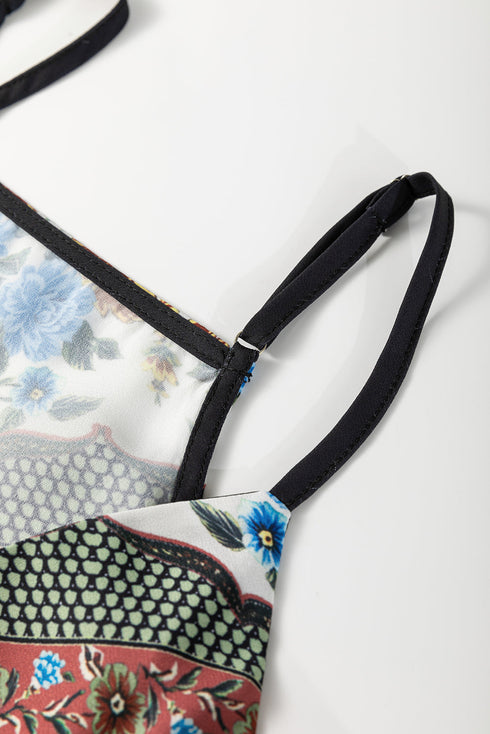 Red Mixed Floral Chevron Pattern Dip Hem Spaghetti Straps Tank