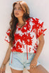Red Plant Print Tiered Ruffled Sleeve V Neck Blouse