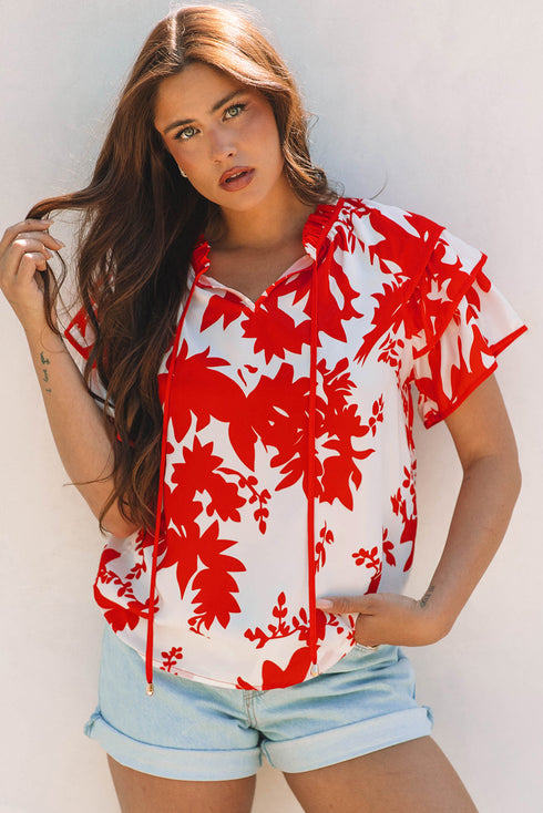 Red Plant Print Tiered Ruffled Sleeve V Neck Blouse