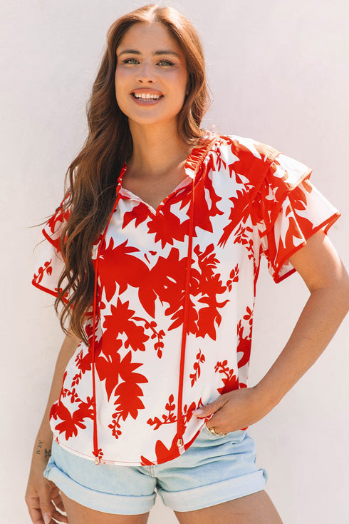 Red Plant Print Tiered Ruffled Sleeve V Neck Blouse