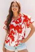 Red Plant Print Tiered Ruffled Sleeve V Neck Blouse