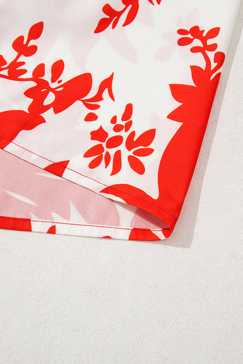 Red Plant Print Tiered Ruffled Sleeve V Neck Blouse