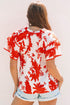 Red Plant Print Tiered Ruffled Sleeve V Neck Blouse