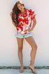Red Plant Print Tiered Ruffled Sleeve V Neck Blouse