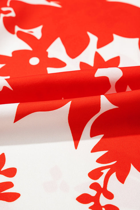 Red Plant Print Tiered Ruffled Sleeve V Neck Blouse