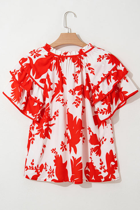 Red Plant Print Tiered Ruffled Sleeve V Neck Blouse