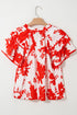 Red Plant Print Tiered Ruffled Sleeve V Neck Blouse