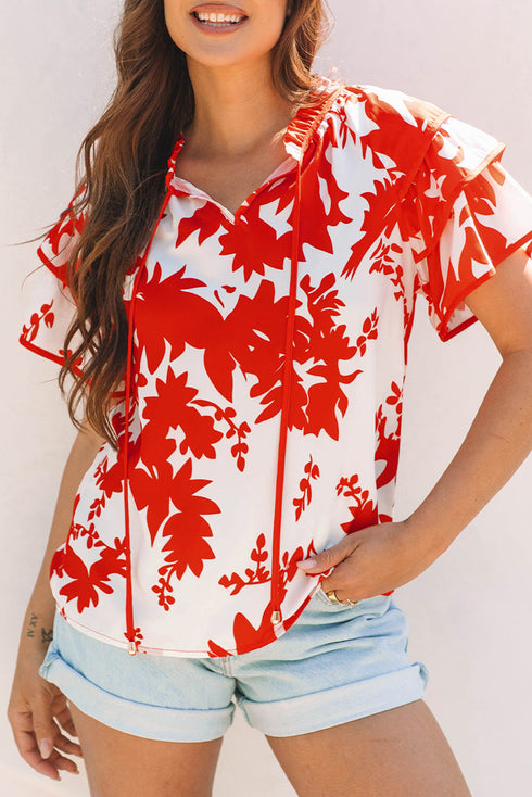 Red Plant Print Tiered Ruffled Sleeve V Neck Blouse