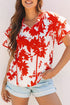 Red Plant Print Tiered Ruffled Sleeve V Neck Blouse