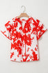 Red Plant Print Tiered Ruffled Sleeve V Neck Blouse
