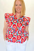 Red Plus Size Floral Print Ruffle Trim Split Neck Peplum Top